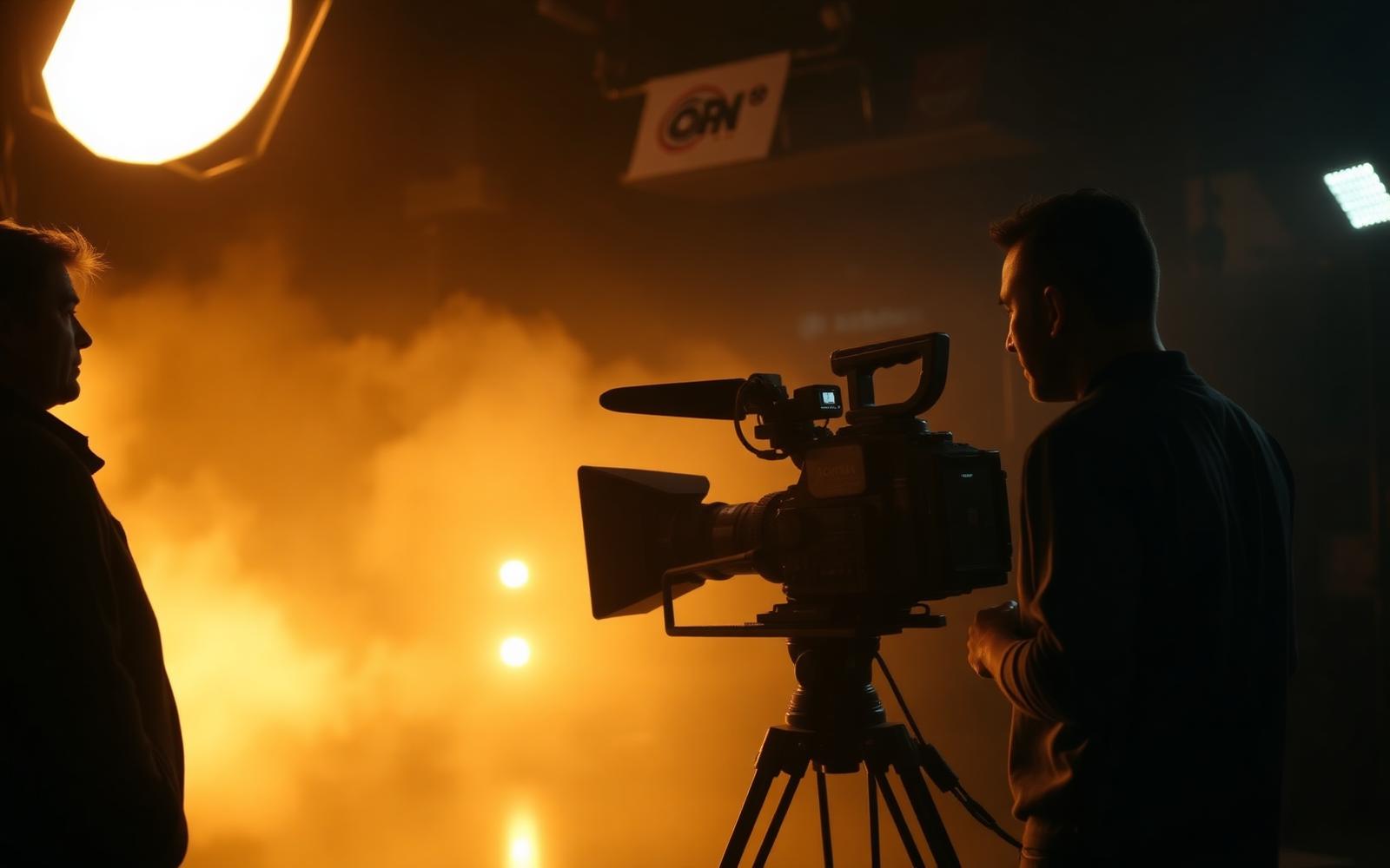 Director and cinematographer beside a cinema camera on set
